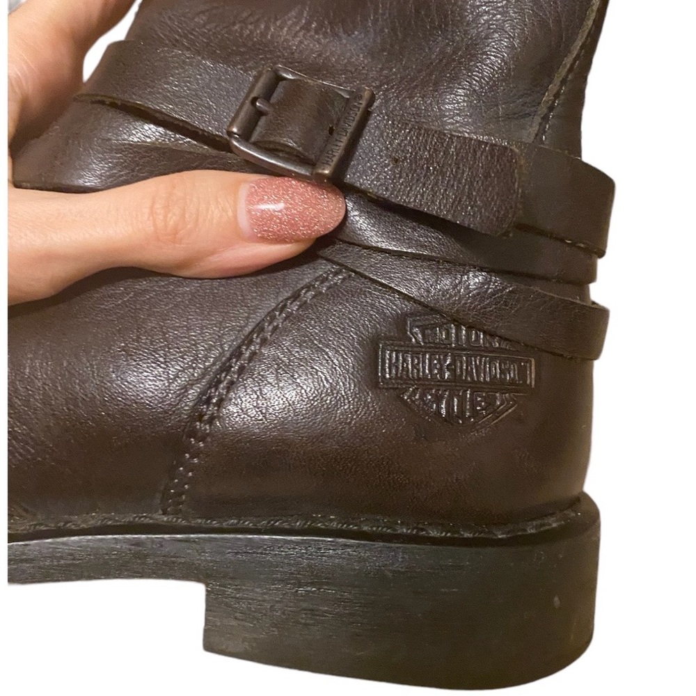Harley Davidson Mandy Brown Black Leather Biker Slate Buckle Ankle Boots 6W - Picture 2 of 13